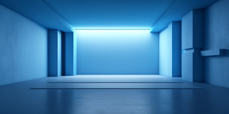 Abstract blue studio background for product presentation. Empty room with shadows of window. 3d roomの素材