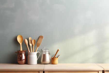 Wooden desk of free space and kitchen board, Blue wall and shadows.の素材
