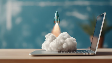 Minimal background for online education concept. Launching pencil rocket on blue background. 3d rendの素材
