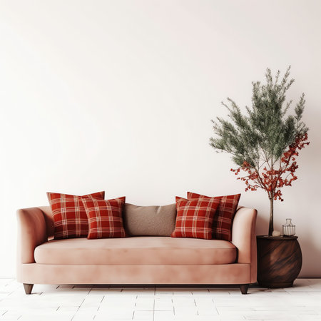 Interior wall mock up with velvet sofa, pillows, plaid and pine branch in vase on empty white backgrの素材