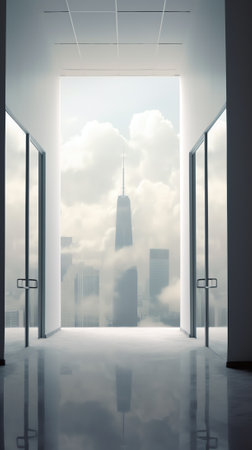 Modern simple office interior with glass doors, blank wall with copy space, city view and daylight.の素材