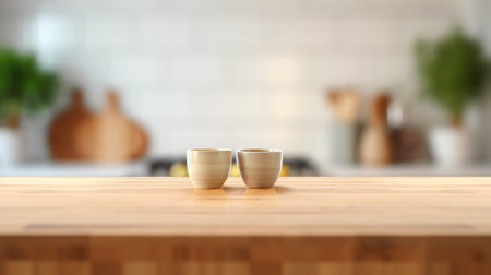 Wooden table on blurred background of kitchen window and shelvesの素材