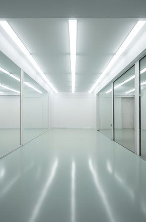 Point of view looking down empty offices hallway toward glass doors. / Hallway with Direct and Indirの素材