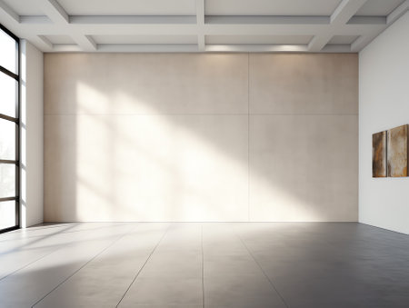 New concrete interior with empty copyspace on wall, shadows and sunlight. Presentation concept. Mockの素材