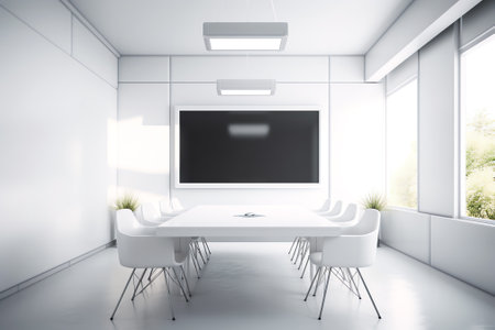 Empty corporate meeting room for business concepts, table with equipment in conference roomの素材