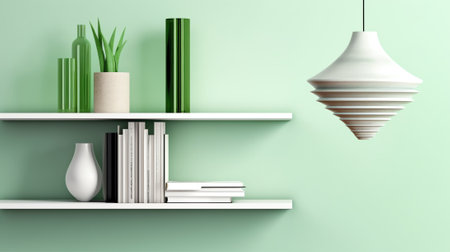 3d illustration of White shelves in the interior with various objectsの素材