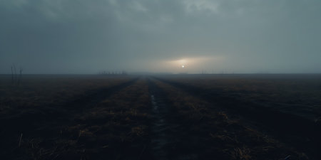 Dirt road in rural landscape with fields both sides. Early morning with mist and fog. Glow from risiの素材