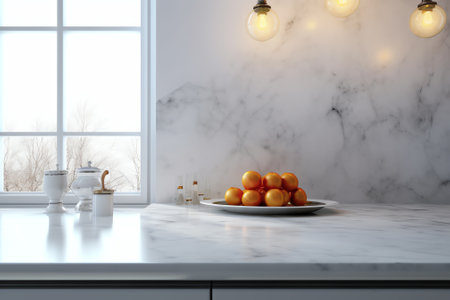 Luxury kitchen interior with white marble walls and white countertops. A close up. 3d rendering mockの素材