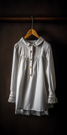 White dress and a dark suit hanging on a closet doorの素材