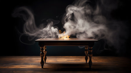 empty wooden table with smoke float up on dark backgroundの素材