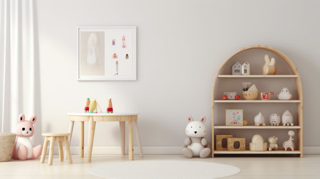 Empty desk for product display on defocused children room backgroundの素材