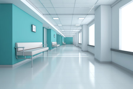 Long dark hospital corridor with rooms and blue seats 3D rendering. Empty accident and emergency intの素材