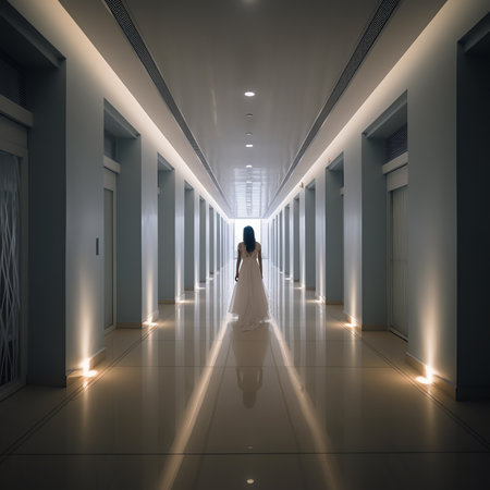 Illuminated long corridor in modern office buildingの素材