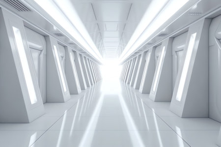 White futuristic tunnel leading to light. Wide angle. Modern style abstract 3d rendered background.の素材