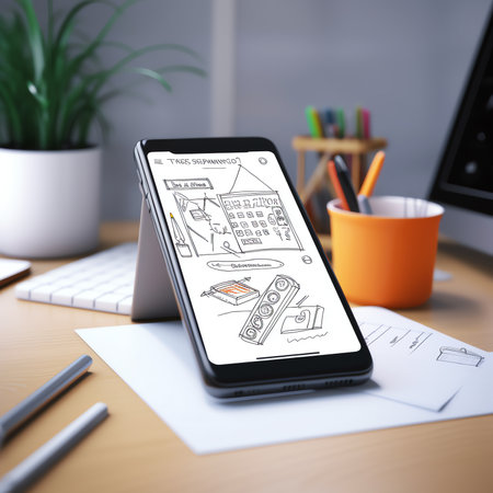 office desk with laptop smart phone and business office background.の素材
