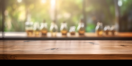 Empty wood table top and blur glass window wall building banner mock up abstract background - can usの素材