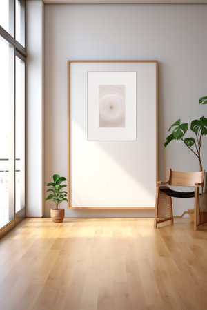 Blank white poster on light grey wall in modern open space office with light furniture and wooden flの素材