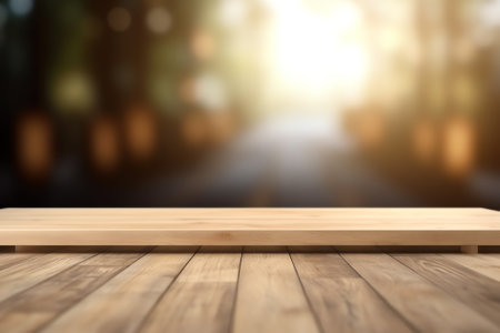 Wood table perspective view, wooden surface of desk, kitchen top made of brown timber board isolatedの素材