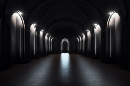 Architecture interior background glowing empty arched pass 3d renderの素材