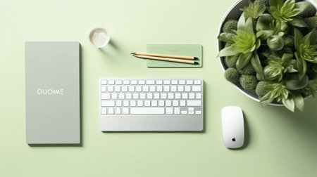 Top View of trendy White Office Desk with white Cropped Laptop Tablet Telephone Earphones Electronicの素材