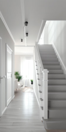 Designed in a minimalistic style staircase hall. Interior of luxury house stair hallの素材