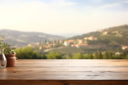 white wooden table top with the mountain landscapeの素材
