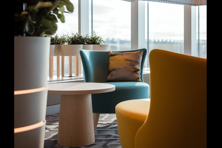 Interior photography of a stylish corporate breakout area with long lunch table and chairs, meetingの素材