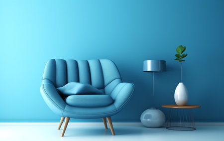 Mockup living room interior with armchair on empty blue color wall background.3D renderingの素材