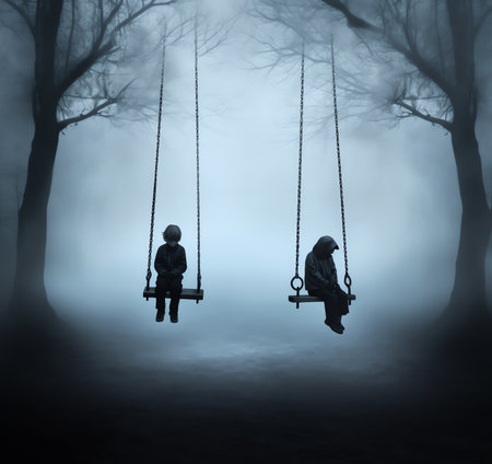 Swing under trees in the garden with mist and foggy background. Empty playground for horror scene.の素材