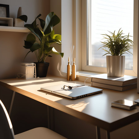 Interior of modern home workspace with wooden table and laptop and chair near big window in sunlit aの素材