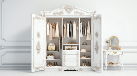 Panoramic Front view of modern empty built-in wardrobe in white. Interior design decor furnishing ofの素材