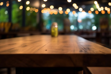 Empty wooden table with blurred background of cafe and restaurant.の素材