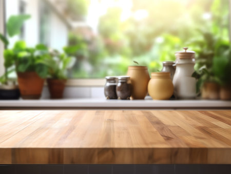 Wooden pedestal on table in kitchen interior and free space for your decorationの素材