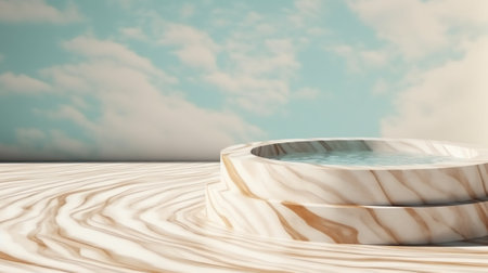Empty round concrete podium floor and water in pool. 3d rendering of abstract interior space with seの素材