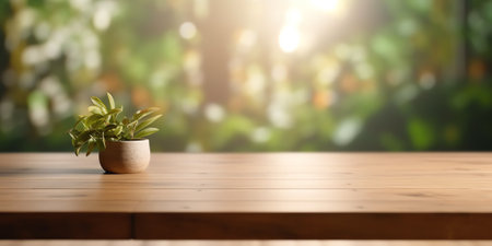 Empty of wood table top on blur of curtain window and abstract green from garden with sunlight .Forの素材