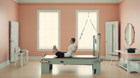 View of reformer in empty fitness studioの素材