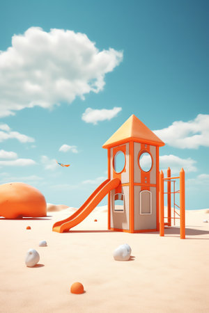 Abandoned playground on the beach. Sunny summer day. Broken swing. Empty playground.の素材