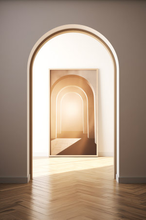 Interior of door handle in empty spacious loft hallway with geometrical shadows and sunlight on whitの素材