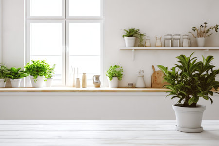 interior of kitchen and desk and leavesの素材