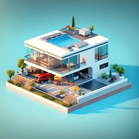 Modern villa with pool; top viewの素材