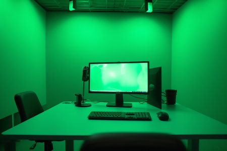Gaming at Home: Empty Gamer Station with Player's Personal Computer with Green Screen Chroma Key Disの素材