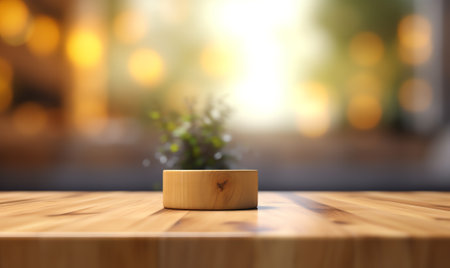 Empty wood table and blur background , consisting of curtains and plants. 3D illustrationの素材