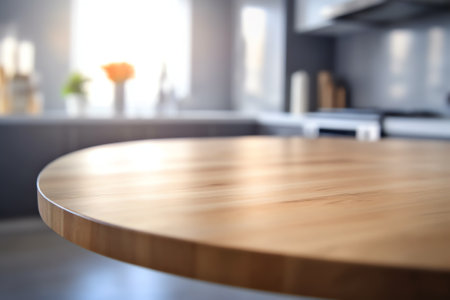Table background of free space and blurred background of kitchenの素材