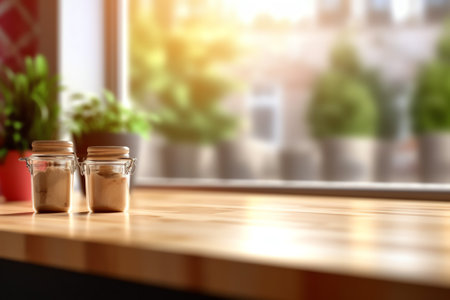 Wood table top on blur kitchen window background - can be used for display or montage your productsの素材