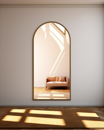 Empty room interior with arch entrance. Modern 3d living room, office or gallery with wooden floor,の素材