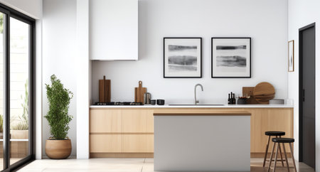 Front view on bright kitchen room interior with cupboard, white wall, oak wooden hardwood floor, gasの素材