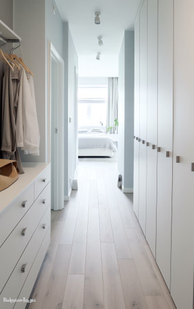 Empty long hallway with white walls and parquet in contemporary flat in daytimeの素材