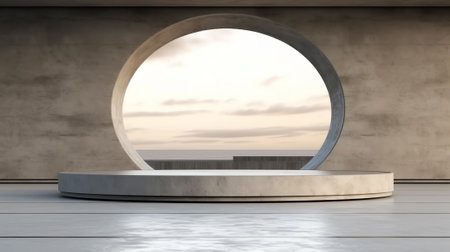 Empty concrete floor and round white podium. 3d rendering of sea view plaza with clear sky backgrounの素材