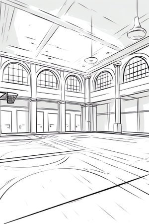Cartoon school court. Gym with basketball basket and football goal or gymnastic equipment. Comfortabの素材
