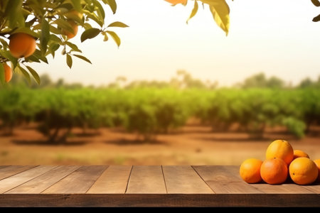 Empty wood table with free space over orange trees, orange field background. For product display monの素材